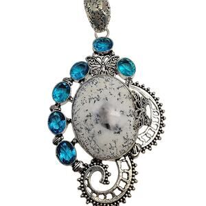 Dendritic Agate Sterling Silver Pendant Necklace w/Blue Stones Butterfly Motifs